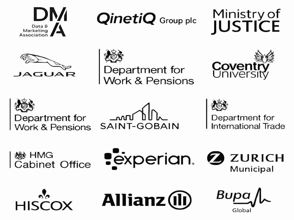 A grid display of client logos from various sectors, featuring: Data & Marketing Association (DMA), QinetiQ Group, Ministry of Justice, Jaguar, Department for Work & Pensions, Coventry University, Saint-Gobain, Department for International Trade, HMG Cabinet Office, Experian, Zurich Municipal, Hiscox, Allianz, and Bupa Global.
