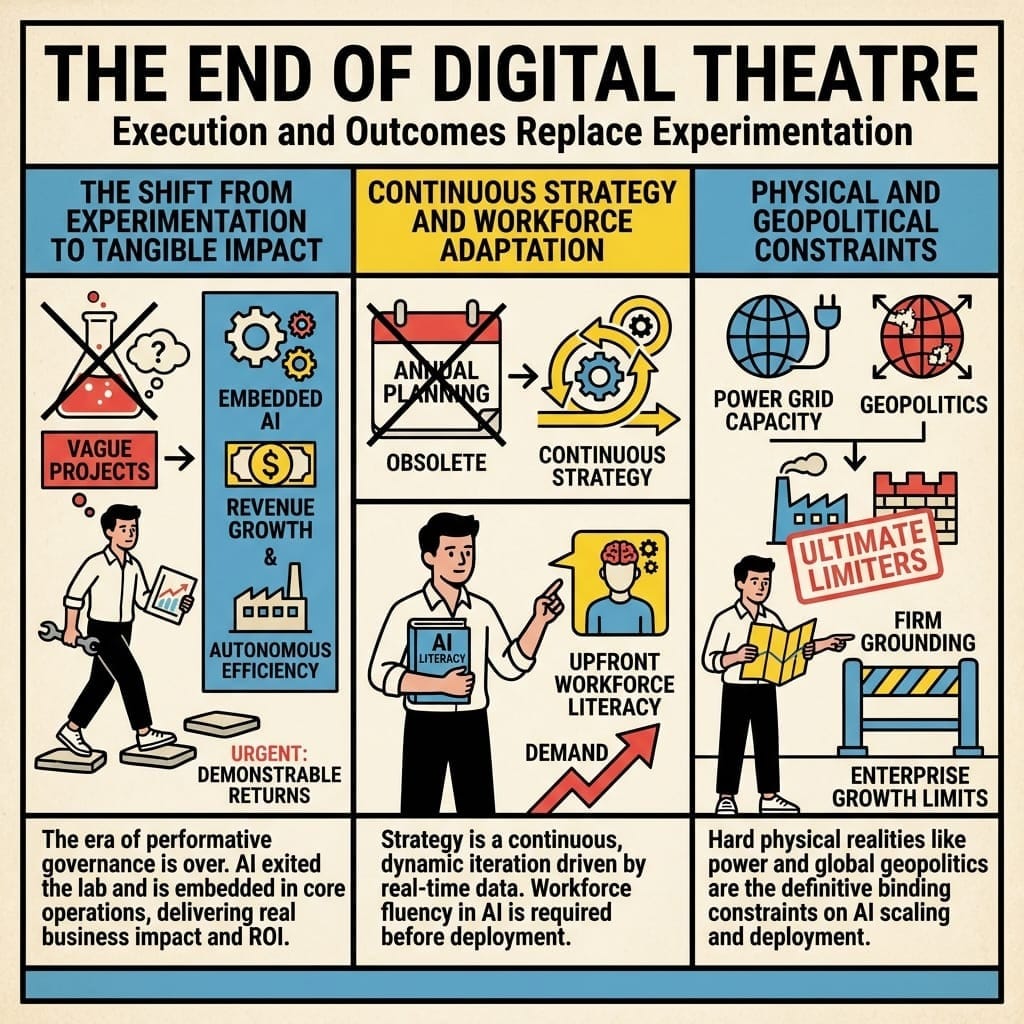 An infographic titled "The End of Digital Theatre: Execution and Outcomes Replace Experimentation" divided into three columns. Left Column: Titled "The Shift from Experimentation to Tangible Impact." It shows a crossed-out chemistry beaker labeled "Vague Projects" transitioning into "Embedded AI," "Revenue Growth," and "Autonomous Efficiency." A figure walks up steps demanding "Urgent: Demonstrable Returns," with text explaining that AI has exited the lab to deliver real business impact and ROI. Middle Column: Titled "Continuous Strategy and Workforce Adaptation." It shows a crossed-out calendar for "Annual Planning" labeled "Obsolete," replaced by a cyclical "Continuous Strategy." A figure holds an "AI Literacy" book, pointing to the growing demand for "Upfront Workforce Literacy." The bottom text notes that strategy is now a dynamic iteration requiring workforce AI fluency. Right Column: Titled "Physical and Geopolitical Constraints." It features globes representing "Power Grid Capacity" and "Geopolitics" pointing down to a factory with a red "Ultimate Limiters" stamp. A figure looks at a map next to a "Firm Grounding" roadblock representing "Enterprise Growth Limits." The text states that hard physical realities definitively constrain AI scaling