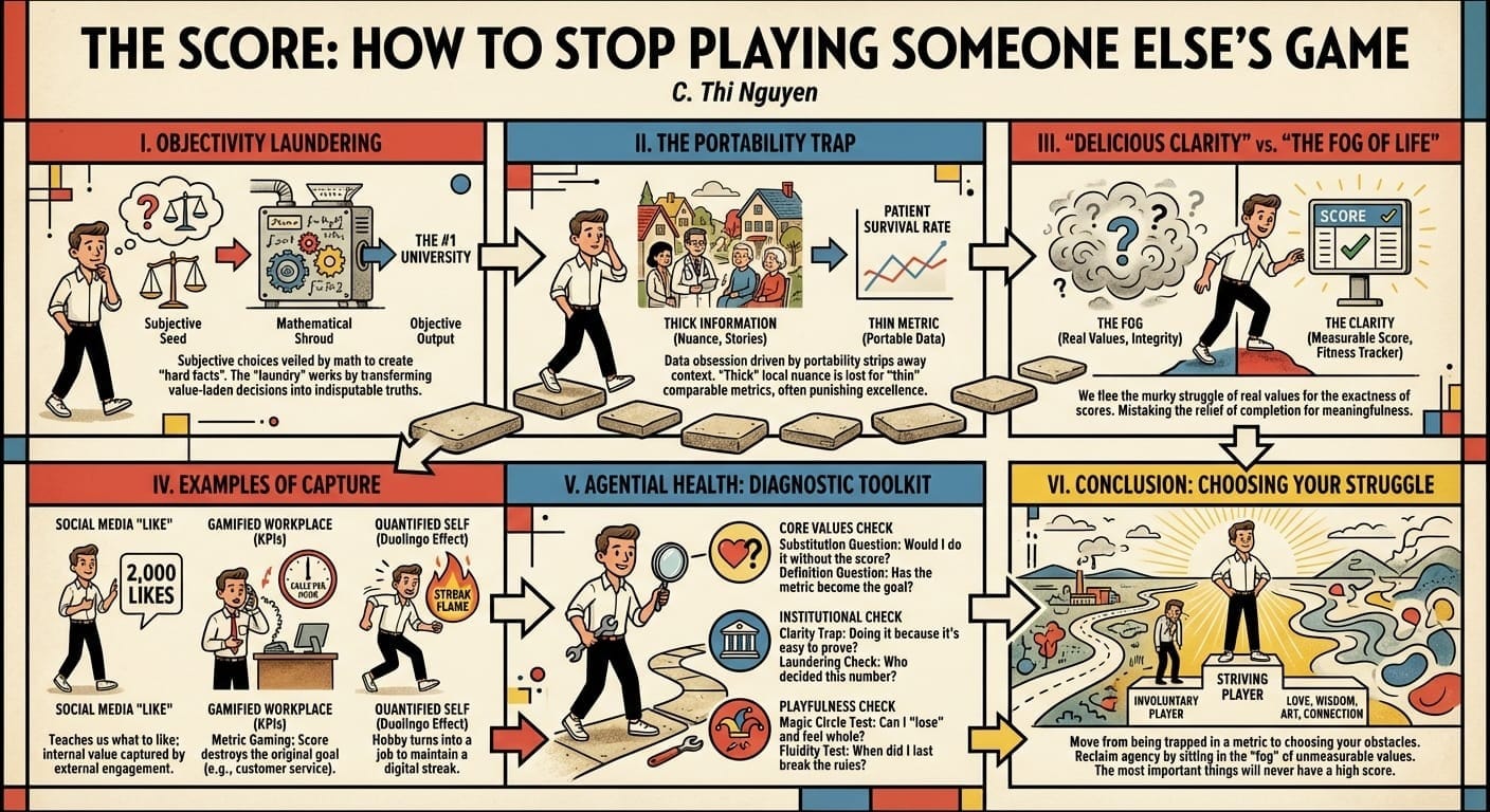 "The Score" by C. Thi Nguyen. 1950s-style infographic where a character moves through 6 steps showing how metrics gamify life, ending with a guide to reclaiming agency from data traps.
